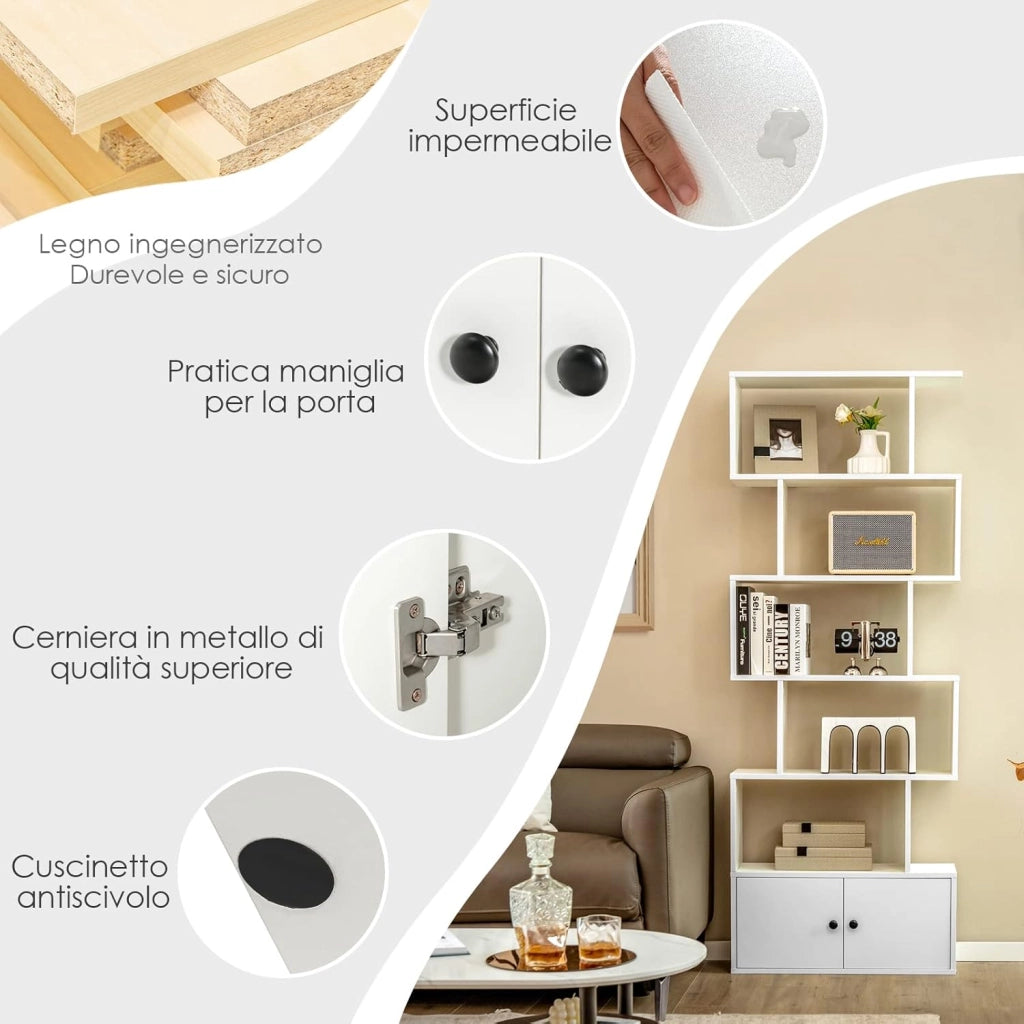 Libreria in Legno, Scaffale Multifunzionale con 5 Ripiani, per Ufficio ,Casa, Ripiano a Forma di S, 70 x 23 x 183 cm (Bianco)