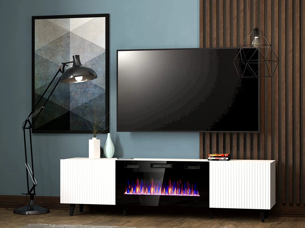 MOBILE TV CON CAMINETTO ELETTRICO INCORPORATO PAFOS cm180x40x49 BIANCO OPACO