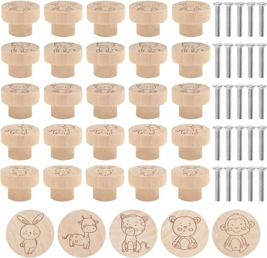 25 pezzi di maniglie in legno con motivi animali - maniglie rotonde per cucina e ufficio