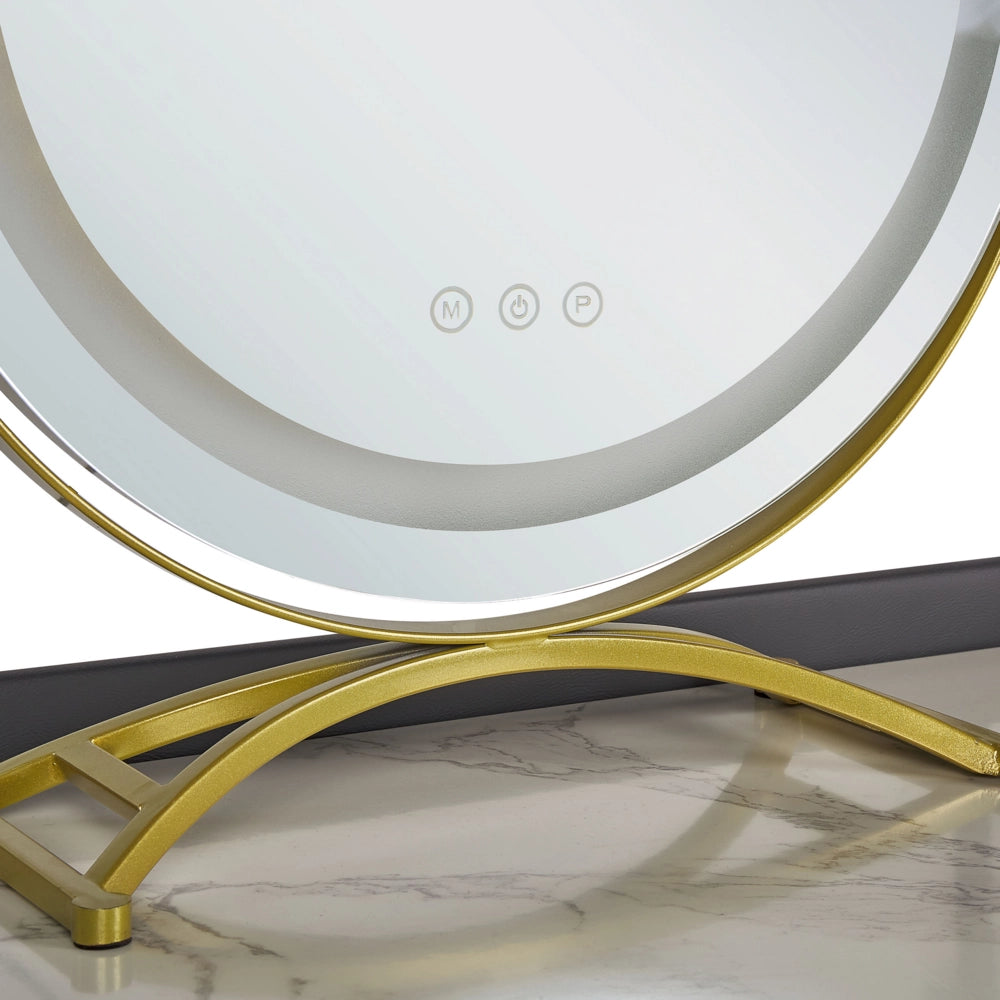 Toeletta con 2 cassetti specchio LED grigio e oro con sgabello camera da letto elegante