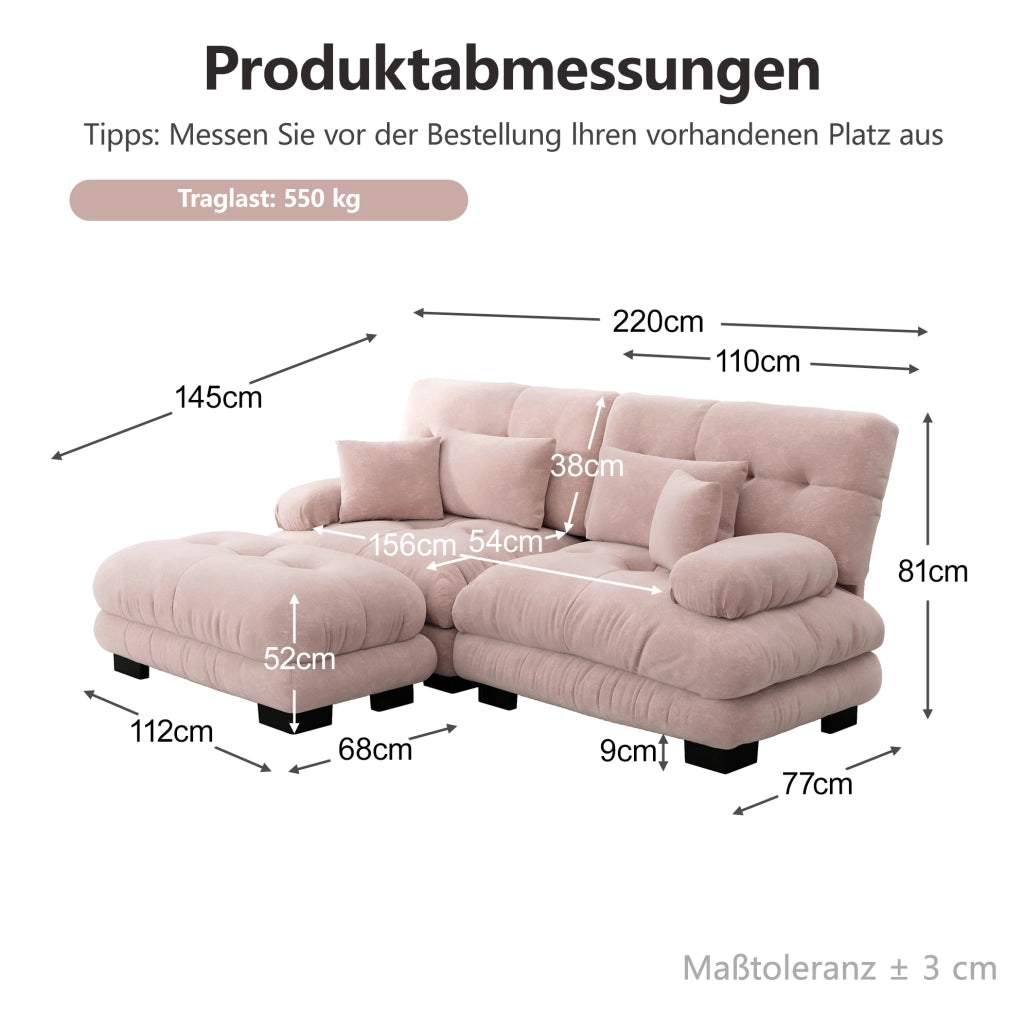 Divano modulare con ottomana 220x145x81 cm in ciniglia rosa con cuscini lombari e decorativi