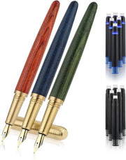 Set di pennarelli in legno vintage - 3 pezzi di pennarelli artigianali di lusso - pennarellone 0,5 mm liscio con 12 cartucce d'inchiostro per giornalismo calligrafia scuola ufficio