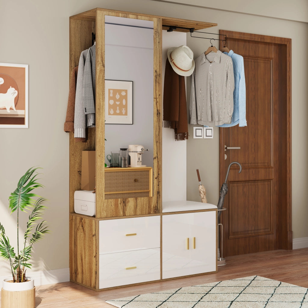GARDEROBA Ingresso con specchio e panca 100x38x180 cm Bianco/Naturale