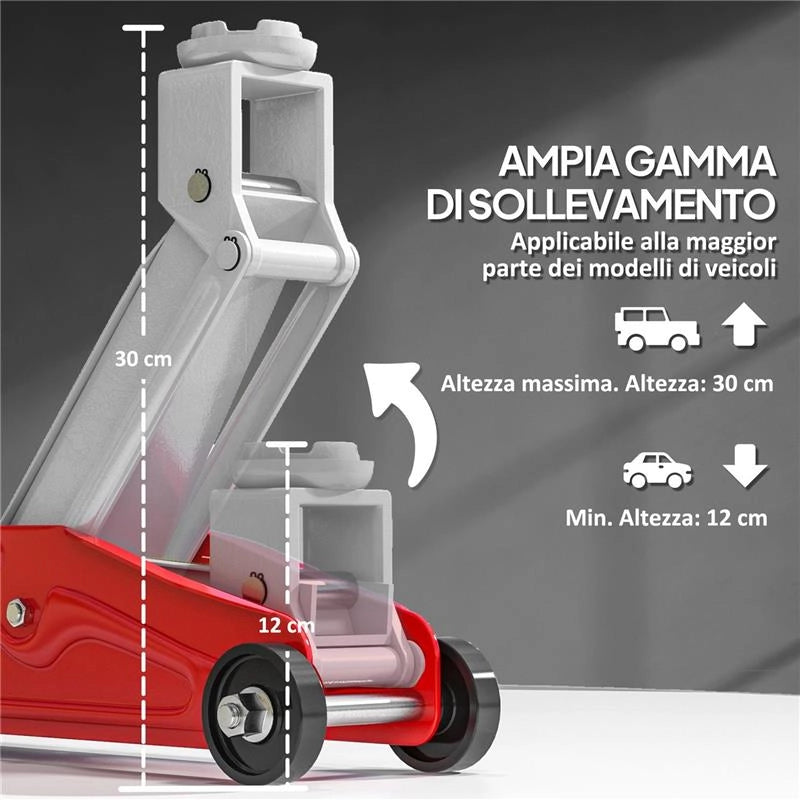 CRIC IDRAULICO CON SOLLEVAMENTO 12-30 CM E CAPACITÓ 2 TONNELLATE, IN ACCIAIO RINFORZATO, ROSSO E GRIGIO