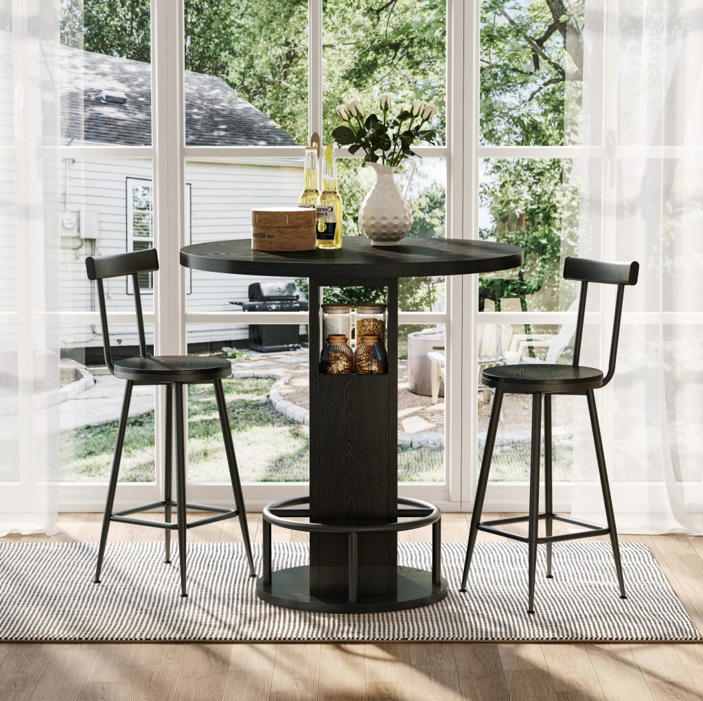 Set tavolo da bar ULEVR 3 pezzi con tavolo rotondo ?80 cm e 2 sgabelli, ripiani integrati, nero