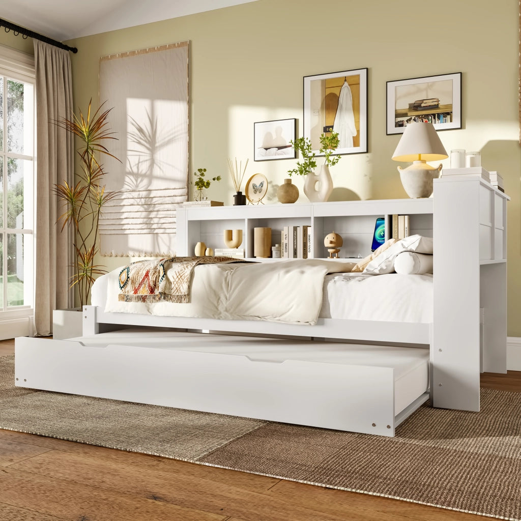 Letto estraibile singolo 90×200 cm con presa; 2 USB e ripiani; senza materasso; pino; bianco