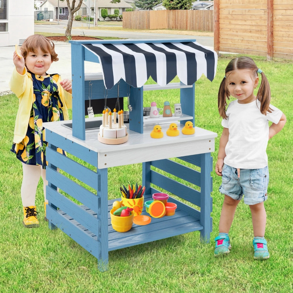 Cucina giochi in legno a doppia faccia con lavandino vaschetta per l'acqua, Set di cucina per bambini dai 3+ anni Blu-Cucine giocattoli