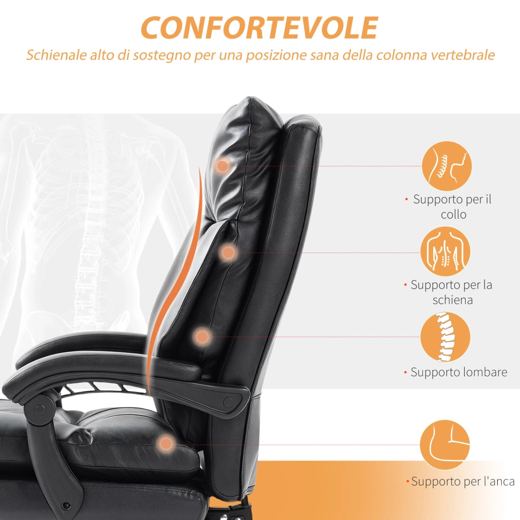 Sedia da Ufficio Presidenziale 65x76x113-121 cm Reclinabile fino a 135° in Pelle PU Nero