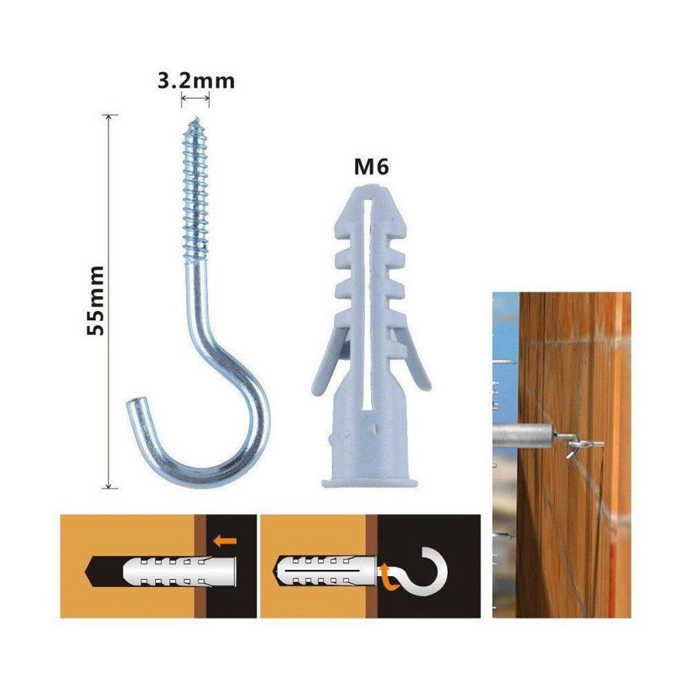 Trade Shop - Set 8 Pezzi Viti Vite A Gancio 3.2x55 Mm + Tasselli Con Alette Tassello M6 90738 -