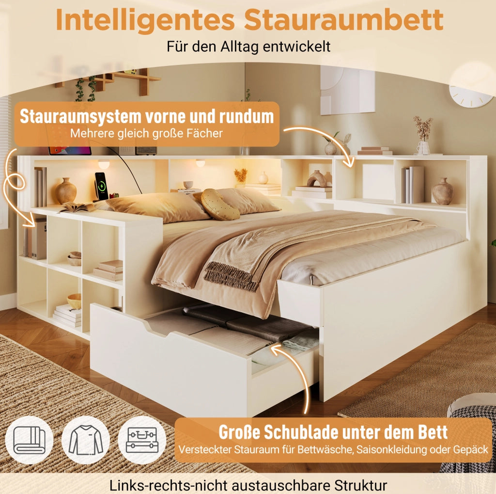 LETTO 140x190 cm con cassetti, USB, Type-C e luci Bianco