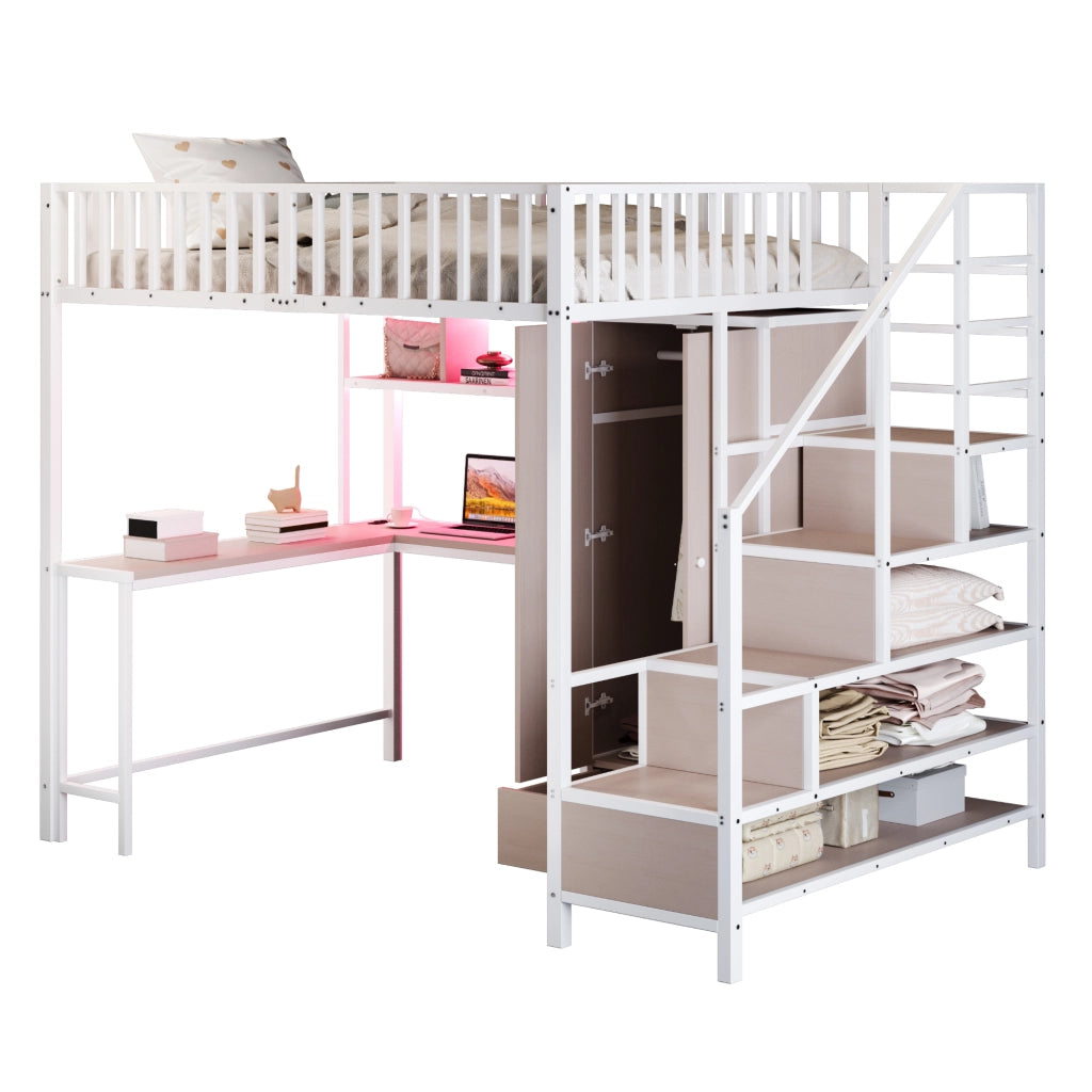 DESMIU Letto a soppalco 2 posti con scrivania, armadio, scaffali, USB e Type-C 140 × 200 cm senza materasso