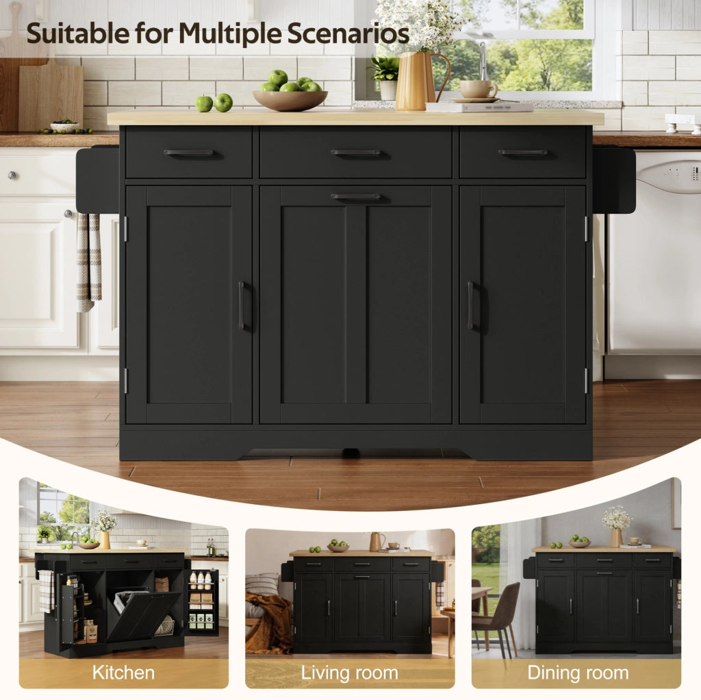 Isola cucina con piano ribaltabile 120x70x87 cm in MDF nero; carrello con ruote e porta spezie