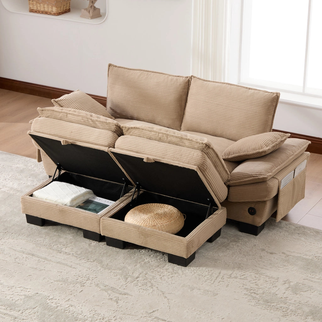 Divano modulare 2 posti con 2 pouf contenitore; USB-C e tasche laterali; in velluto a coste khaki
