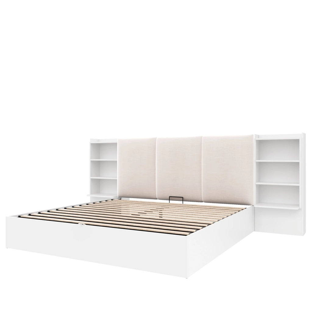 Letto matrimoniale 180 x 200 cm, testiera imbottita, ripiano portaoggetti, vano portaoggetti idraulico, luci a LED, bianco