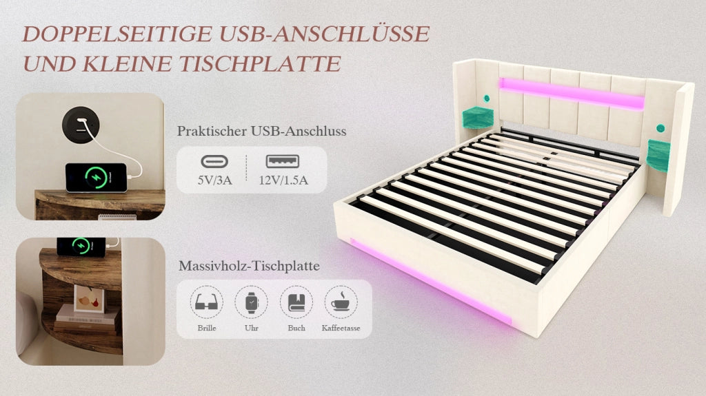 DESMIU Letto contenitore 160 × 200 cm 2 posti con 2 USB, LED, vani laterali, senza materasso, in velluto beige