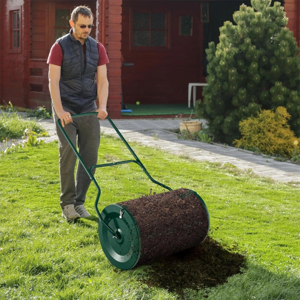 Rullo Spargiconcime Prato da 80L, Spargiconcime a Rullo Ø39 x 68 cm con Manico e Cestello in Rete Metallica, Spargiterriccio da Giardino per Concimazione e Semina (Verde)