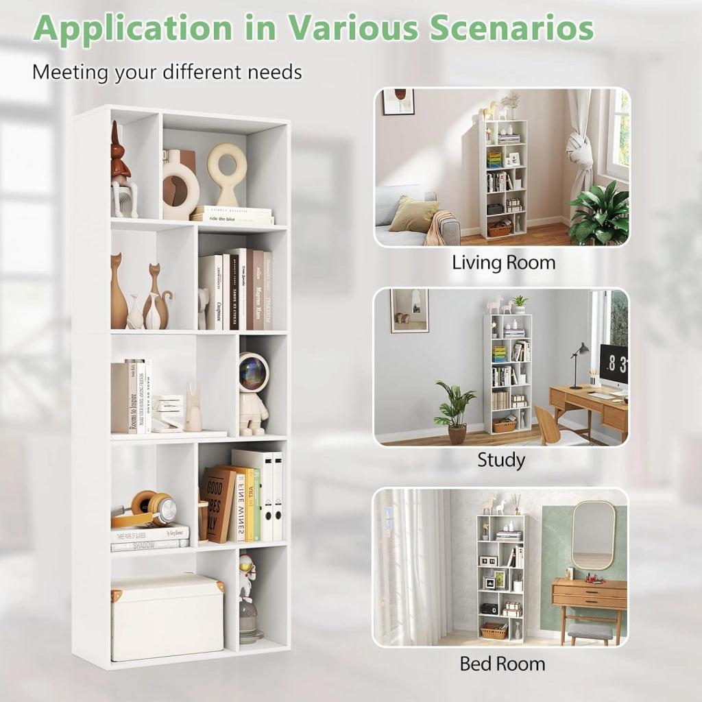 Libreria in legno a 5 livelli, scaffale portaoggetti con 10 scomparti aperti, 2 kit antiribaltamento, ripiano da pavimento, per soggiorno, ufficio, camera da letto