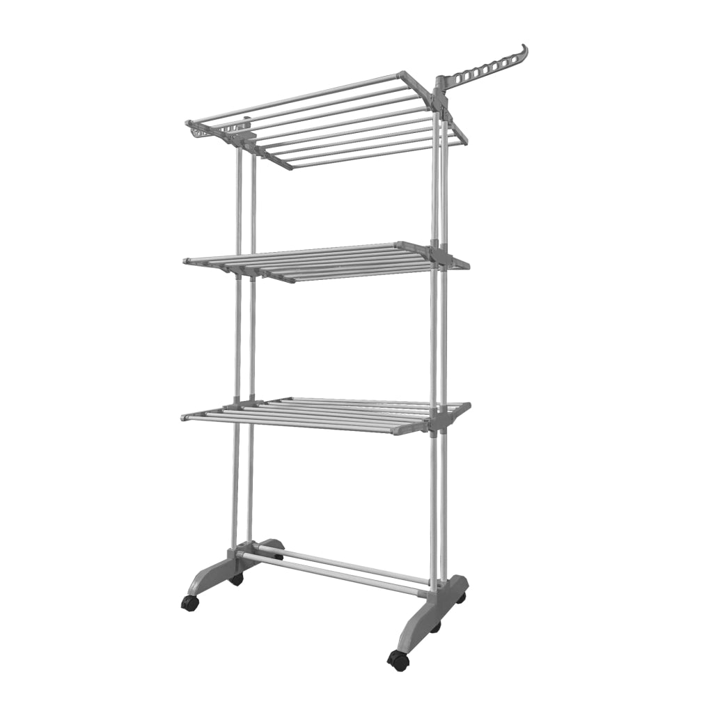 Stendibiancheria XXL Pieghevole Premium Slim Nyana Home | 4 Livelli | Barre in Acciaio | Supporti Laterali per Grucce | Gambe Pieghevoli | 4 Ruote con Freno | Grigio