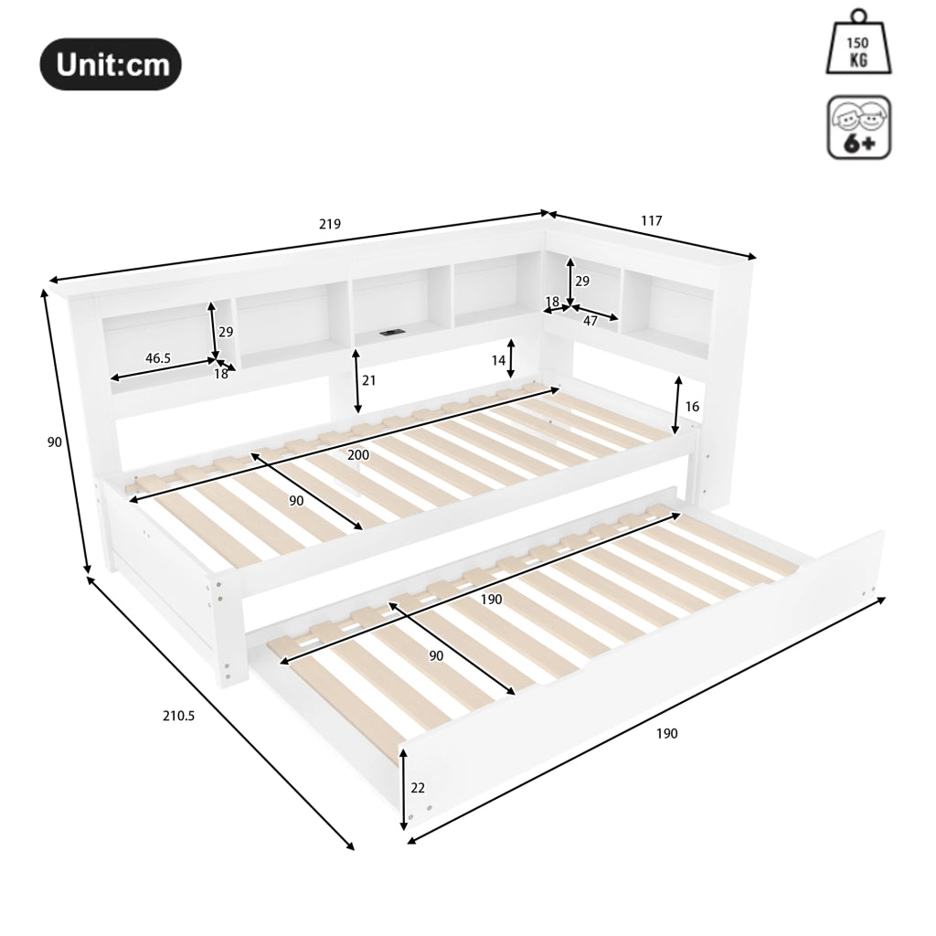 Letto estraibile singolo 90×200 cm con presa; 2 USB e ripiani; senza materasso; pino; bianco