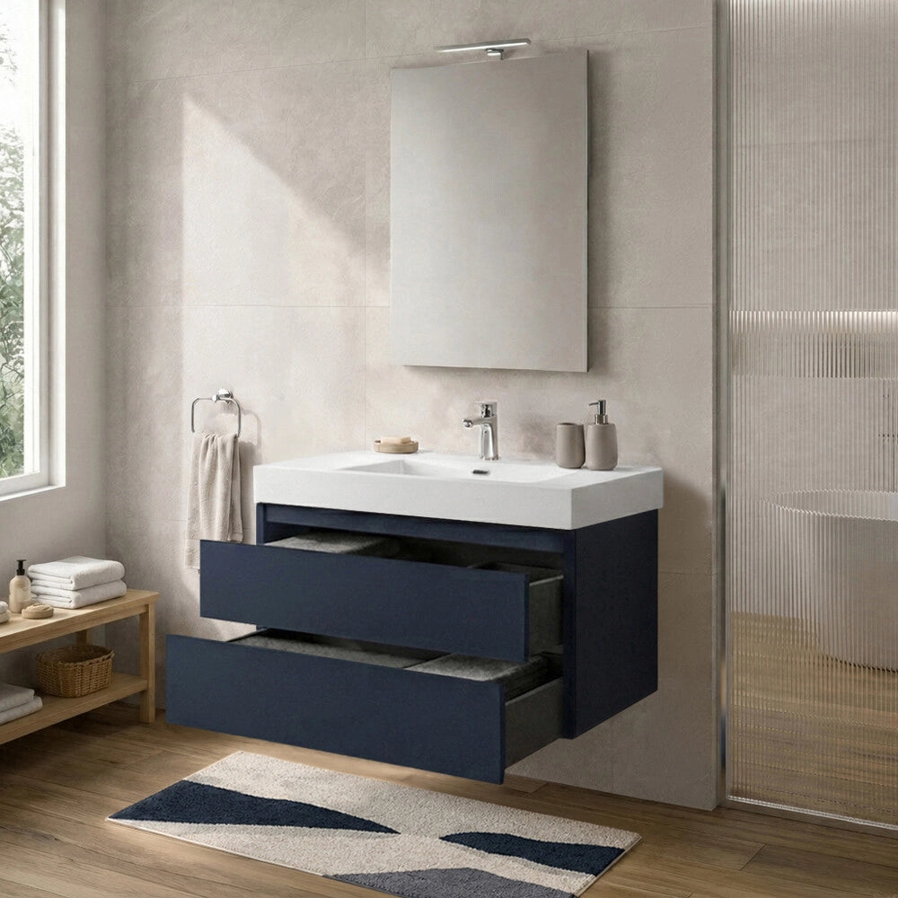 Mobile bagno sospeso 100 cm blu due cassetti push-pull e lavabo in resina Tierra