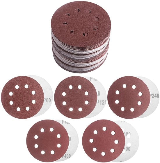 Set di abrasivi a disco 125mm 50 pezzi - Montaggio 8-ga - Adatto per legno/metallo - Dimensione grana 60/120/240/400/800 - Per levigare e levigare superfici