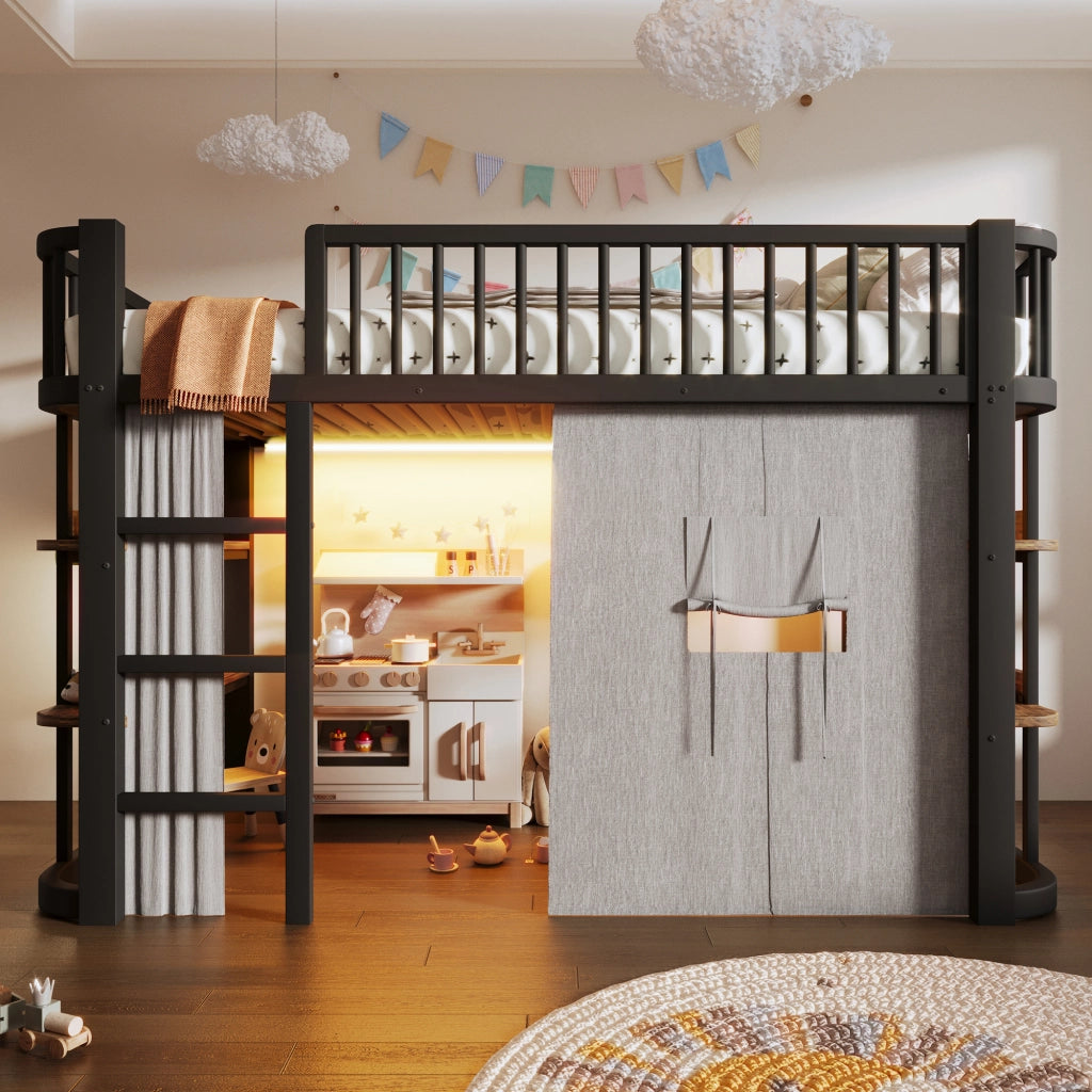 Letto a soppalco per bambini 90x200 cm con tende oscuranti; spazio inferiore modulabile; mensole e LED; metallo nero
