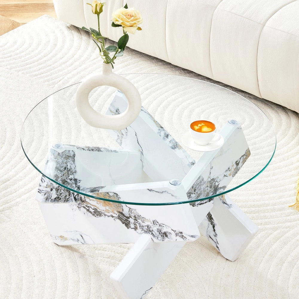 Tavolino da Caff¨¨ Rotondo ¨C MINIMAL ¨C Piano in Vetro Temperato, Effetto Marmo, MDF, ?79cm