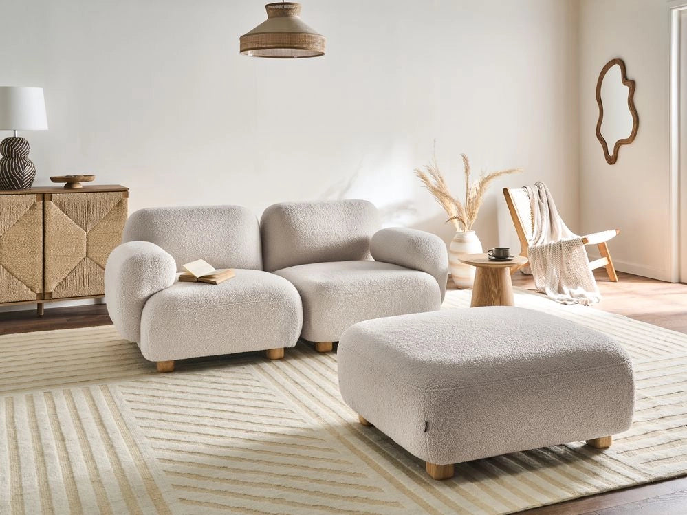 Divano componibile a 2 posti in tessuto due elementi angolari con poggiapiedi gambe in legno bianco sporco stile moderno