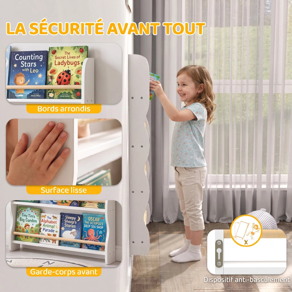 Bibliothèque murale pour enfant,Rangement Livre 4 Niveaux, Blanc