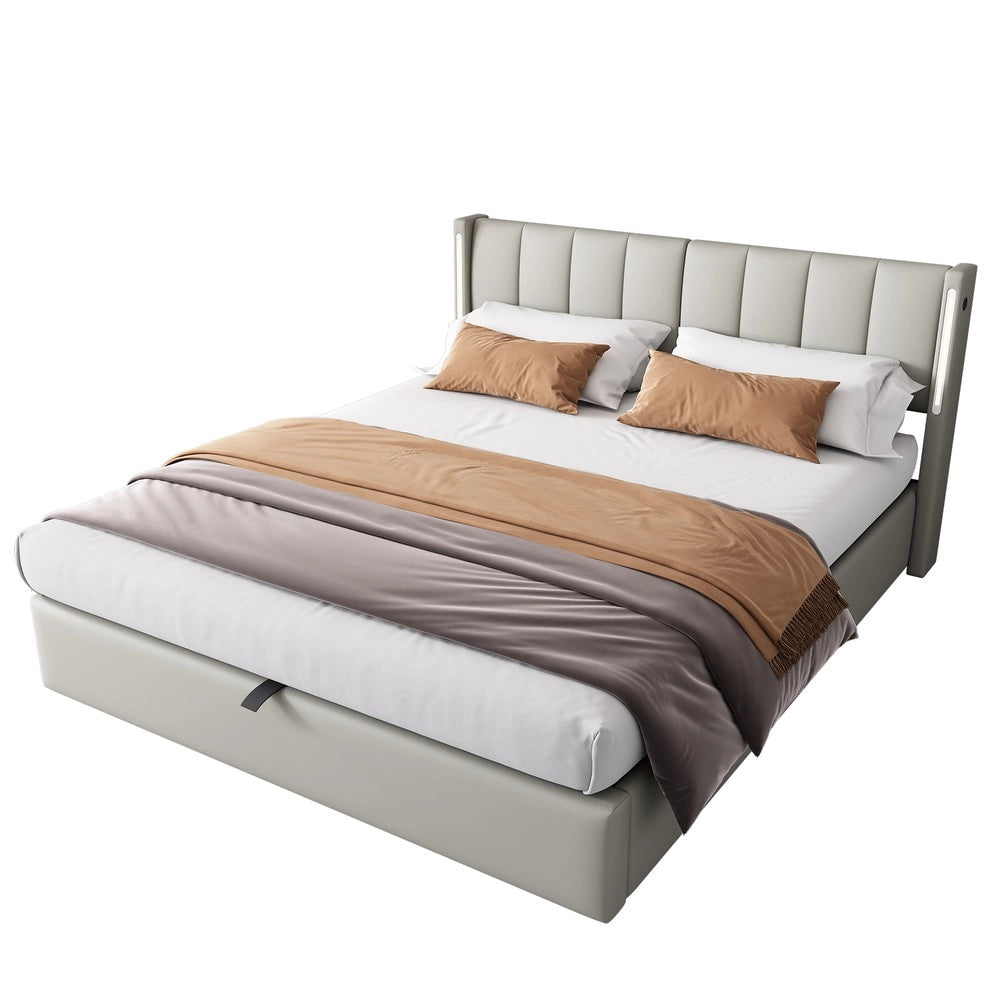 Letto Contenitore Imbottito con LED ¨C MINIMAL ¨C Testiera Regolabile, USB, Idraulico, PU Grigio, 180x200