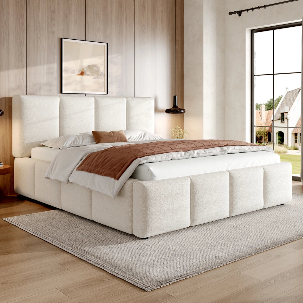 Letto matrimoniale imbottito 160x200 cm con rete a doghe e testiera in bouclé beige
