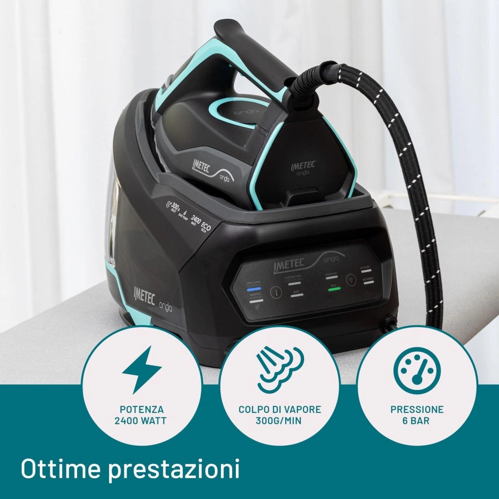 Imetec 9028 Onda P1 Ferro da Stiro Generatore di Vapore 2400W 6 bar Serbatoio 2,5L Piastra Onde Brevettata colore Nero Turchese