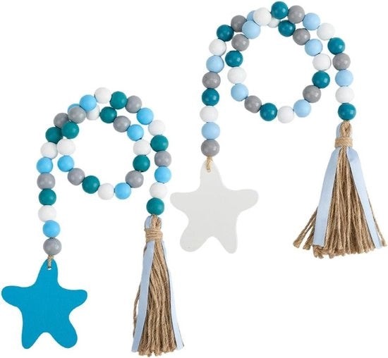 Slitta per decorazione estiva in legno blu con stella marina e pennello con corda di juta