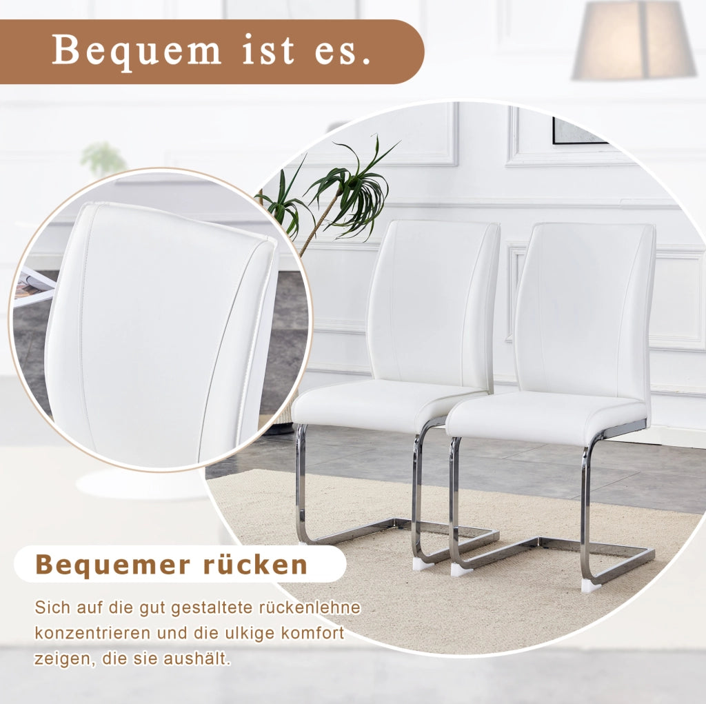 Sedia da pranzo moderna in PU bianco con struttura in metallo argento; schienale ergonomico