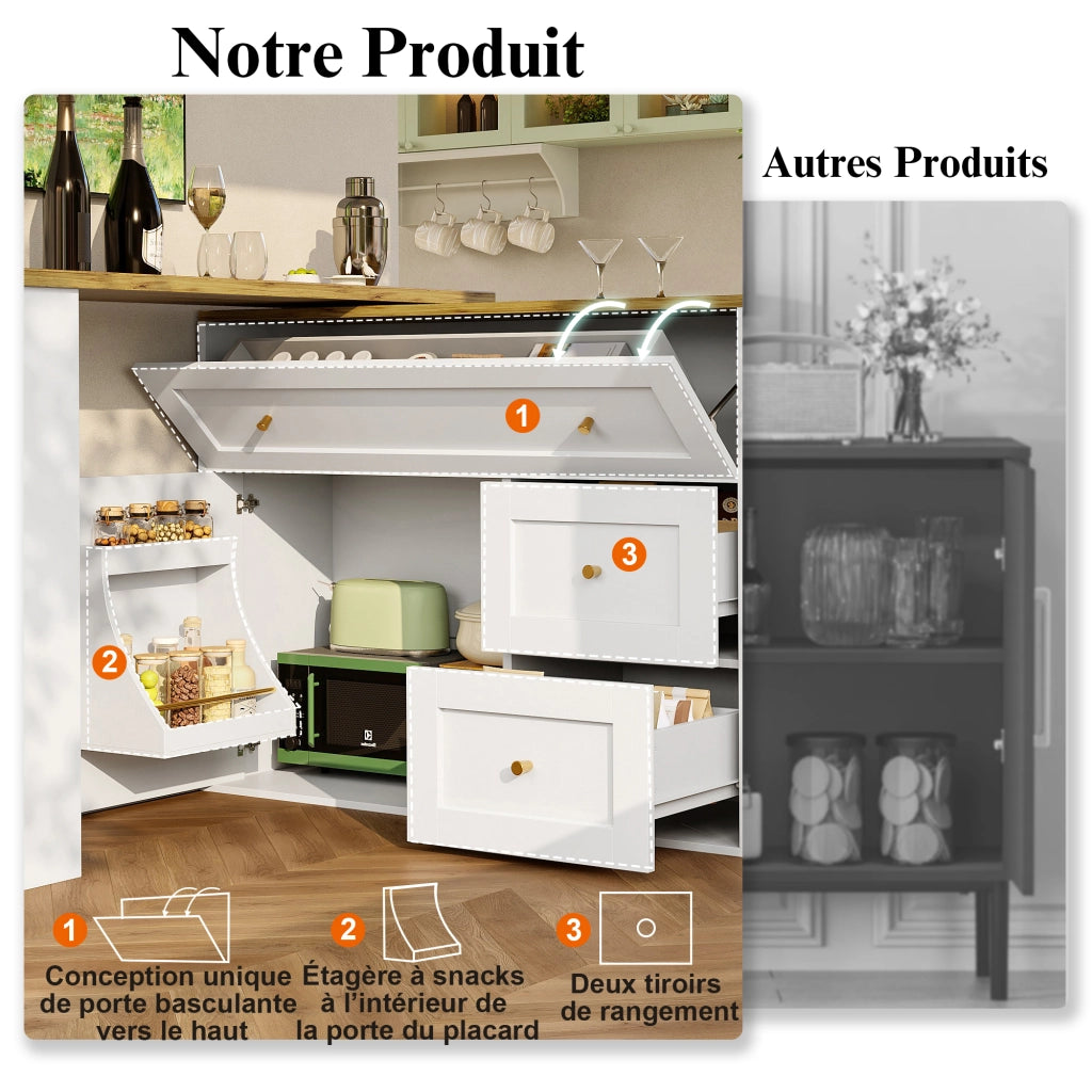 Tavolo Bar Estensibile con 2 Cassetti a Ribalta; Vani Contenitore e Piano Girevole; in MDF; 138-204x39x105 cm; Bianco
