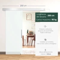 Porta Scorrevole in Vetro Trasparente con Binario e Maniglia in Alluminio per Bagno Cucina Studio 210x75x0.8cm