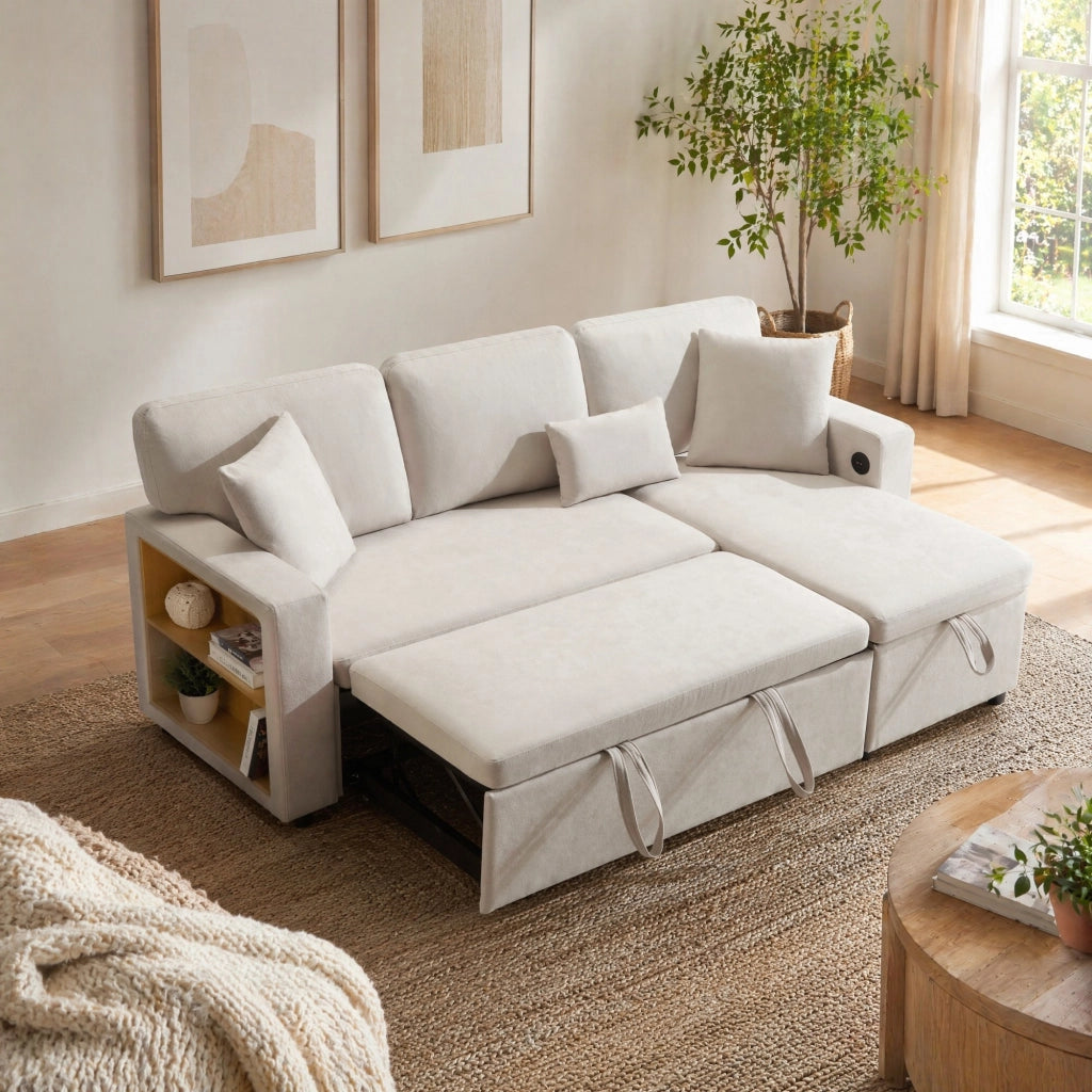 Divano letto angolare 3 posti con USB, contenitore e 3 cuscini, beige