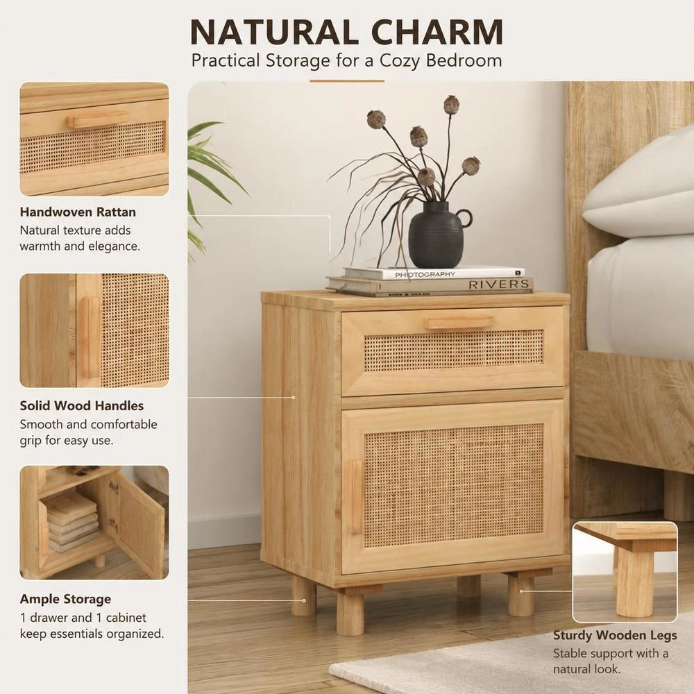 Bedside Table Brown Solid Pine And Natural Rattan