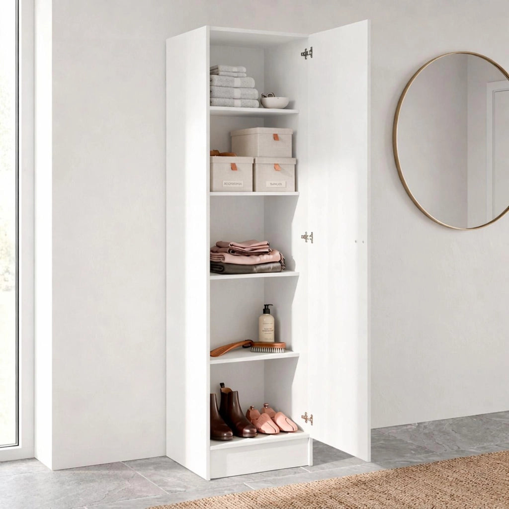 Mobile Colonna Armadio Bagno Con 1 Anta Salvaspazio E 4 Ripiani Regolabili Stile Moderno Semplice Per Ingresso Corridoio Ripostiglio Con Maniglia In Metallo Argentata 200 X 47.1 X 49.2 Cm Bianco