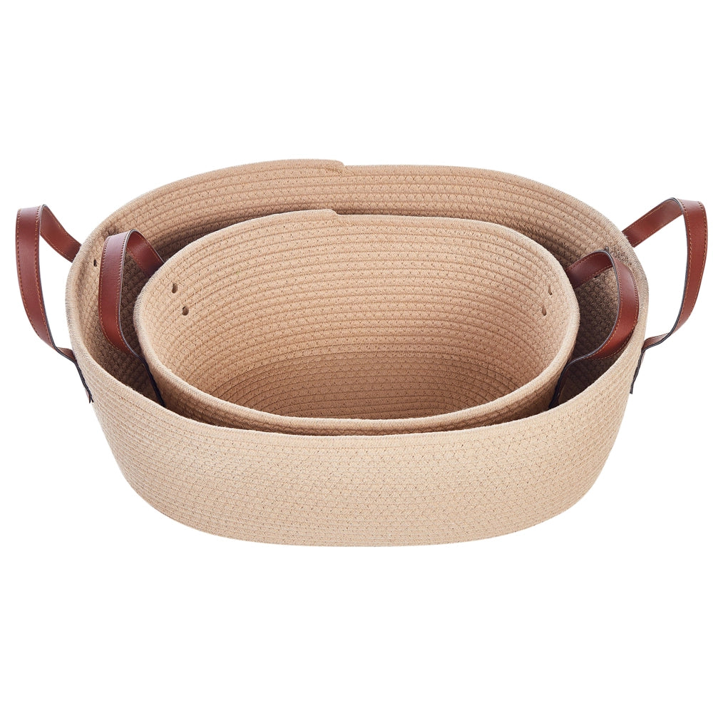 Set di 2 ceste portaoggetti in cotone beige realizzati a mano con maniglie in pelle