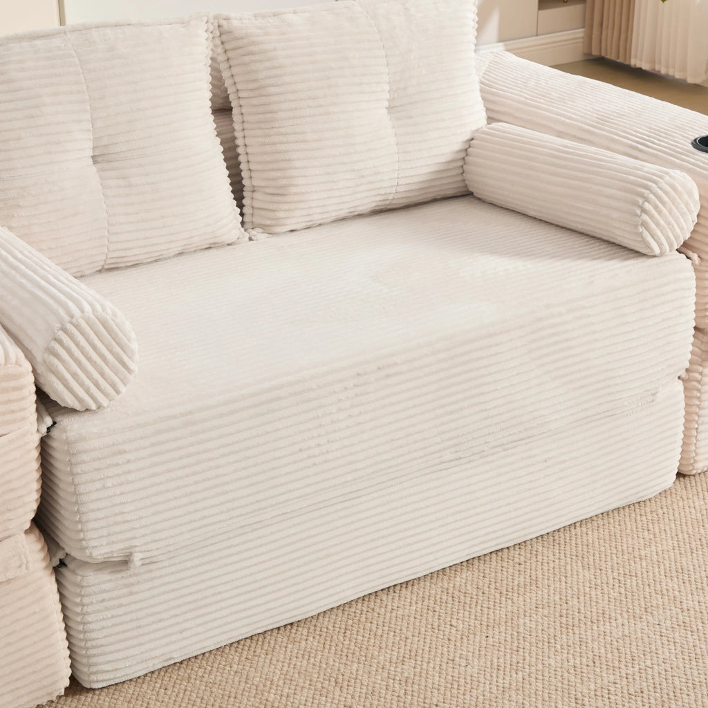 Divano letto 2 posti - con tasche laterali e portabicchieri - in velluto a coste beige