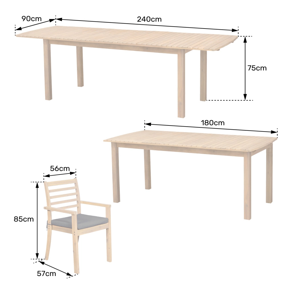 Set di mobili da giardino allungabili 180/240cm PADAR in legno di acacia 8 posti - cuscini grigi