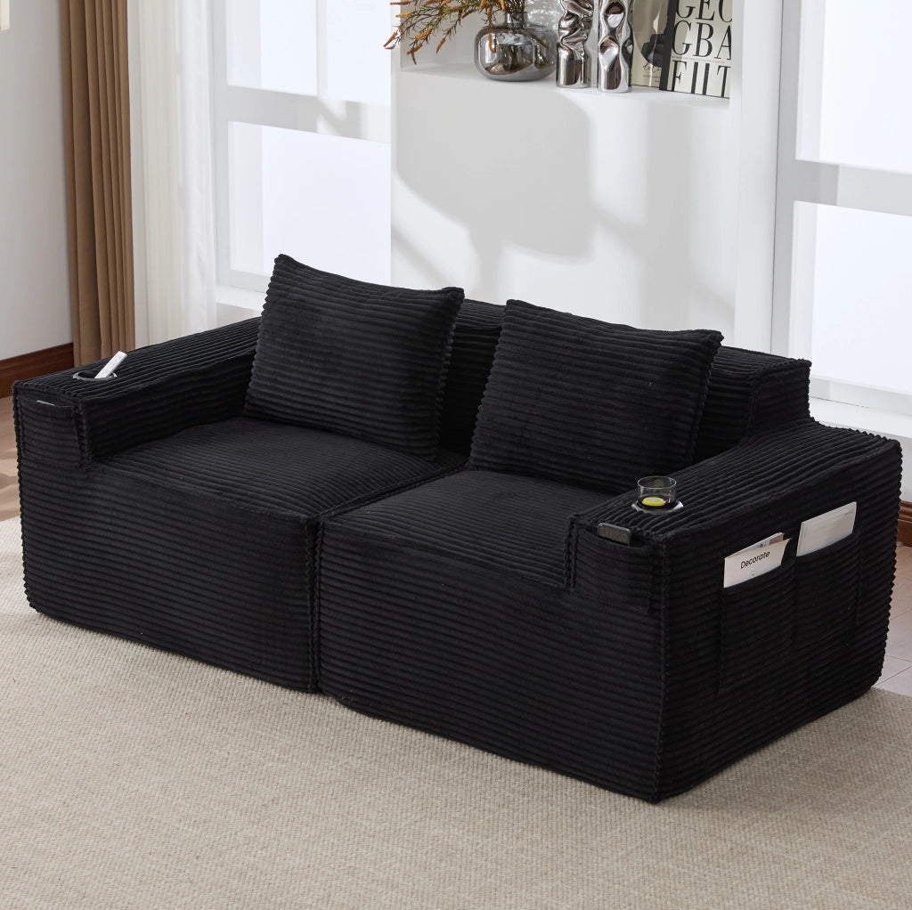 Divano modulare 2 posti 188x90x75 cm nero con portabicchieri, velluto a coste,