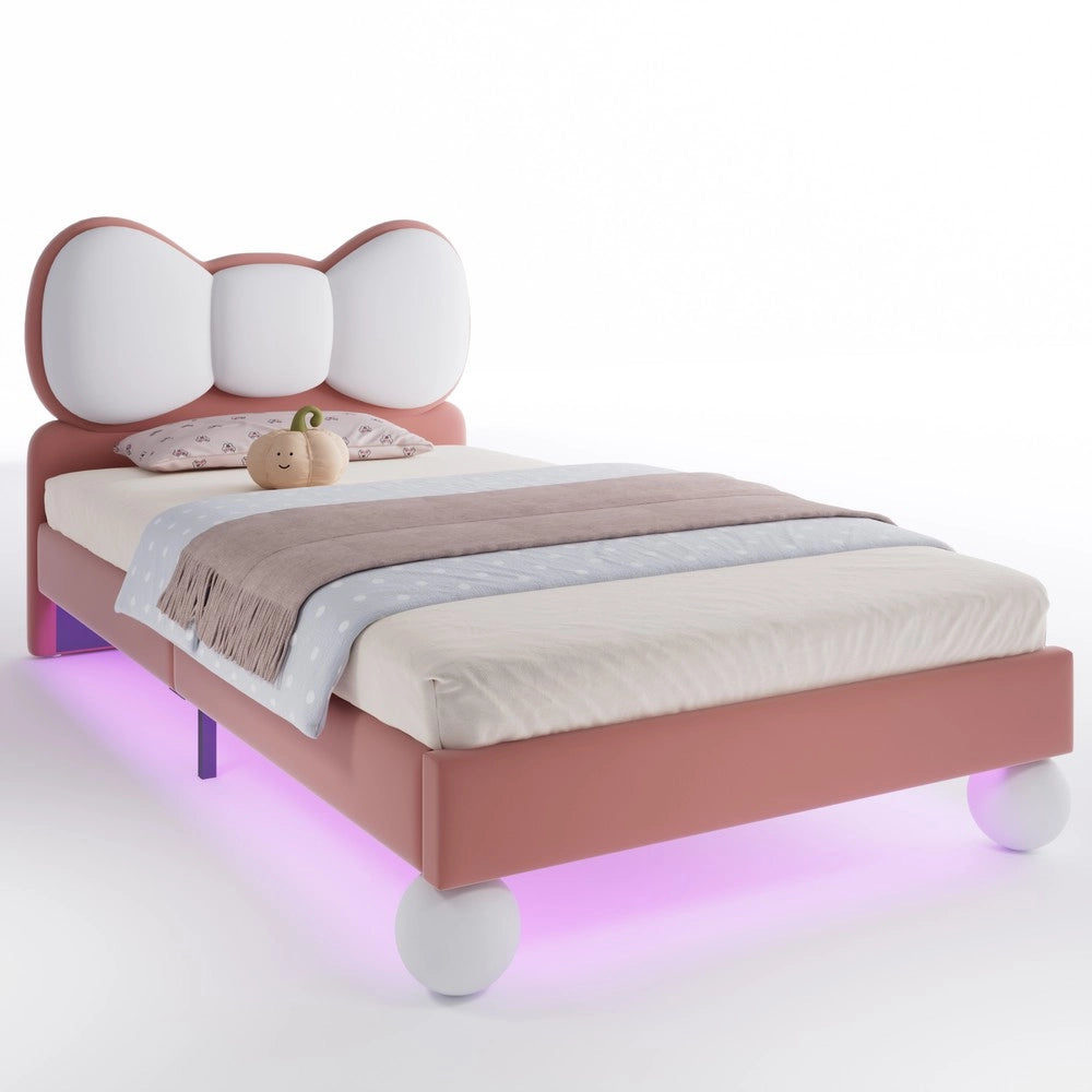 Letto imbottito singolo con testiera e LED ¨C Minimal ¨C Velluto Beige e Rosa 90x200cm con rete a doghe