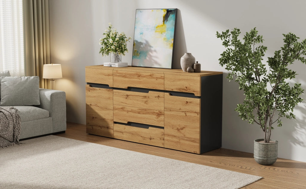 Credenza Soggiorno 160 cm Mobile Buffet 2 Ante 4 Cassetti Legno e Nero
