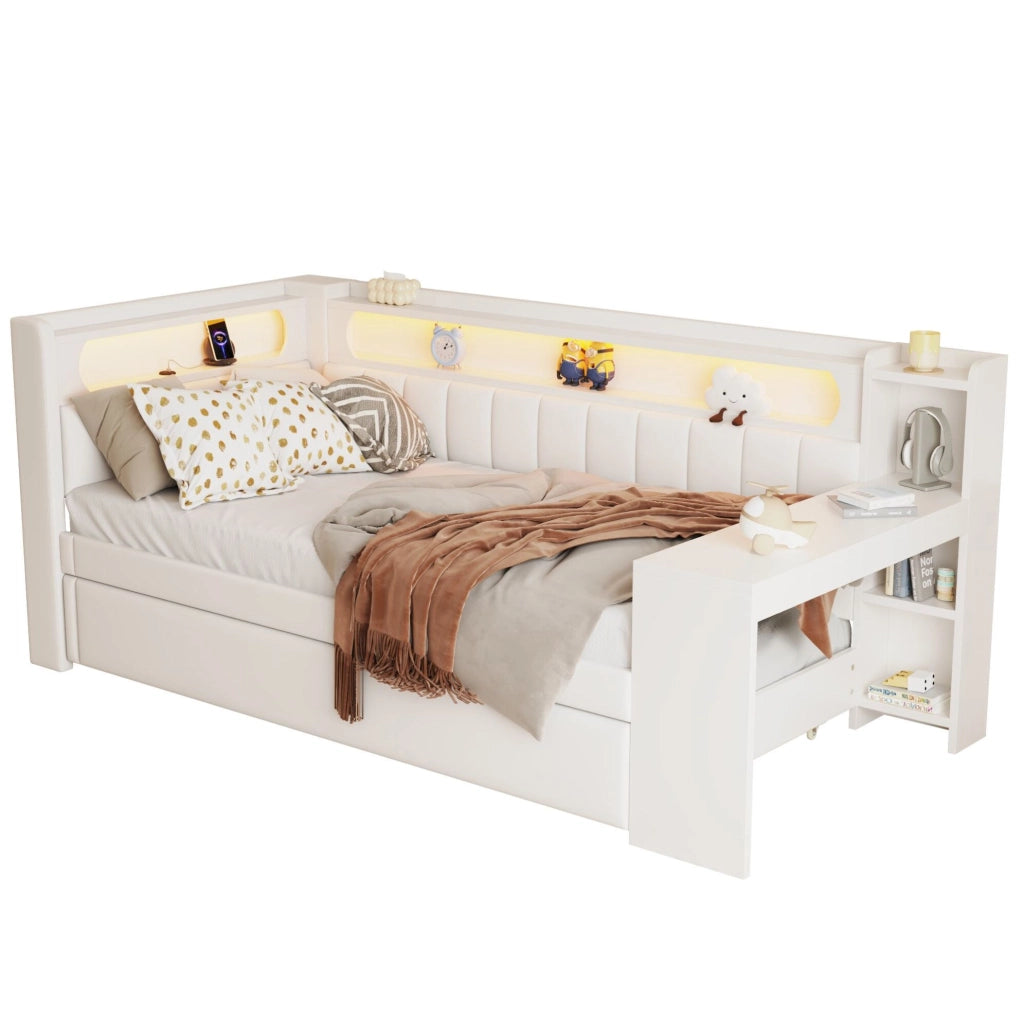 Letto da giorno imbottito 90x200 cm con letto estraibile; LED; USB e scrivania; bianco
