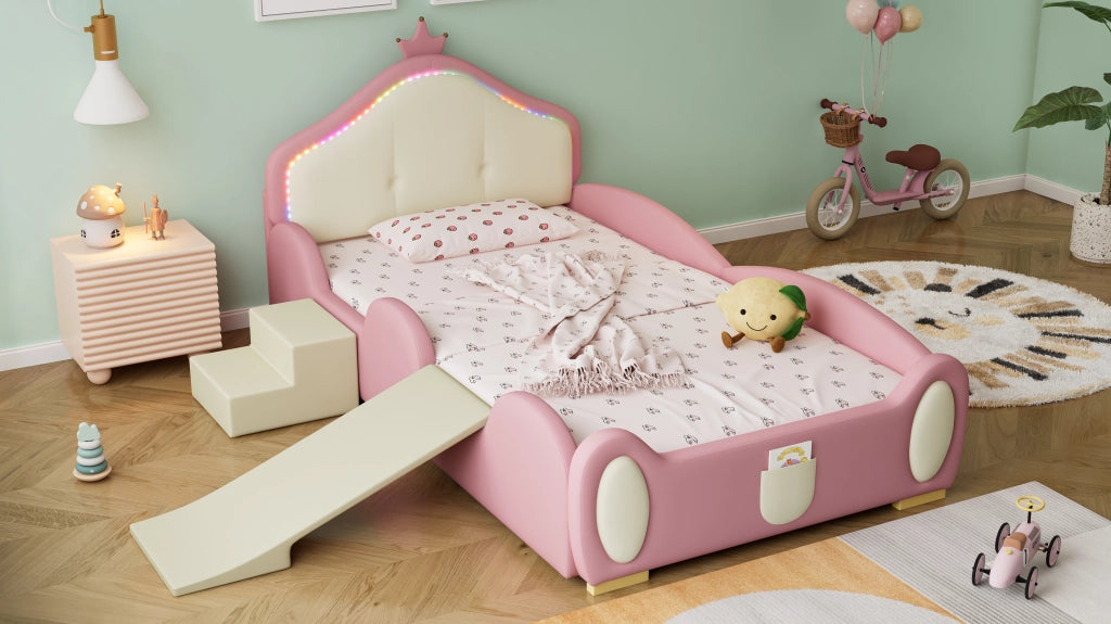DESMIU Letto per Bambini 90 × 200 cm 1 Posto con LED, Scivolo e Scala, Senza Materasso, in PU, Rosa e Beige