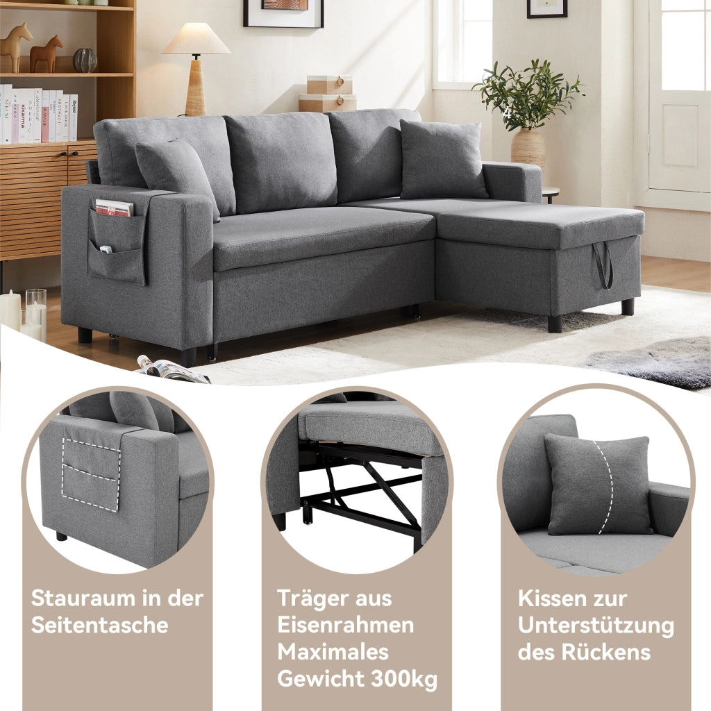 DIVANO LETTO Angolare reversibile 219,5x142,5x83 cm Lino Grigio Scuro con 2 cuscini