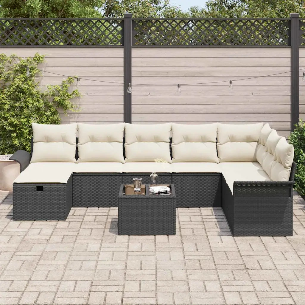Set Divano da Giardino con cuscino 9 pcs Nero Poly Rattan