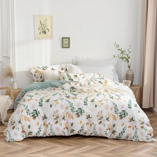 Coperta letto, 200 x 200 cm, cotone, 100% lavato, disegno floreale con maniglione in lino, certificato ÖkoTex e adatto per persone con allergie, 1 coperta e 2 cuscini 80 x